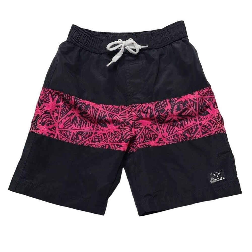 Big Chill Swim Trunks Shorts Boys Size 5 Lined Drawstring Black Palm Tree Patter